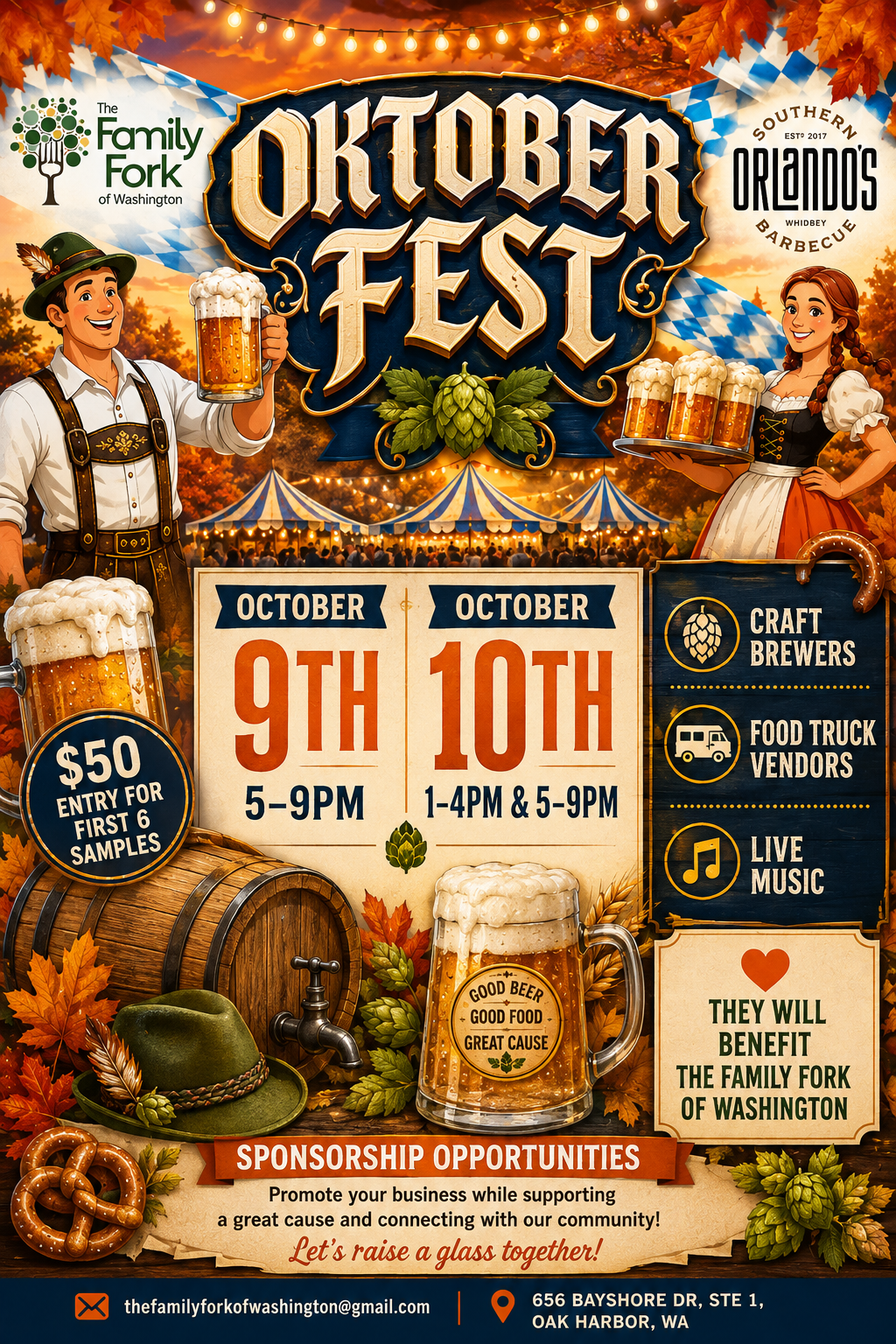 Oktoberfest at Orlando's Whidbey Barbecue, October 9th 5-9pm and October 10th 1-4pm and 5-9pm, $50 entry for first 6 samples, craft brewers, food truck vendors and live music. All proceeds benefit The Family Fork of Washington.