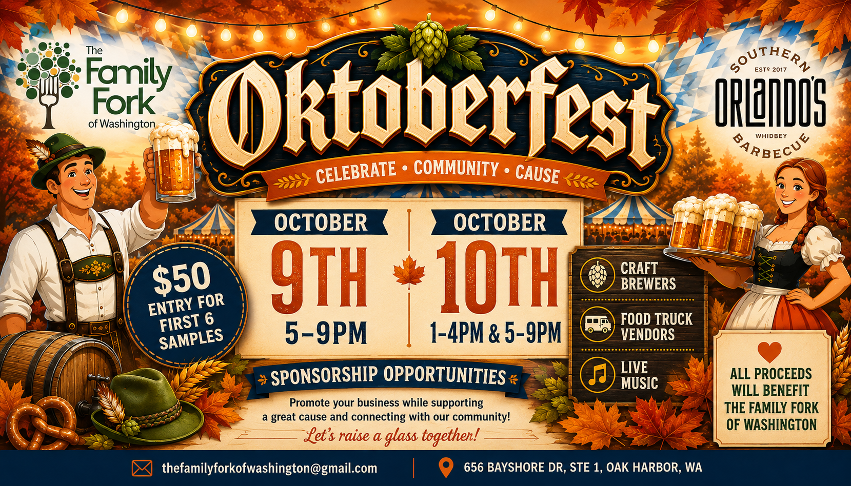 Oktoberfest at Orlando's Whidbey Barbecue, October 9th 5-9pm and October 10th 1-4pm and 5-9pm, $50 entry for first 6 samples, craft brewers, food truck vendors and live music. All proceeds benefit The Family Fork of Washington.