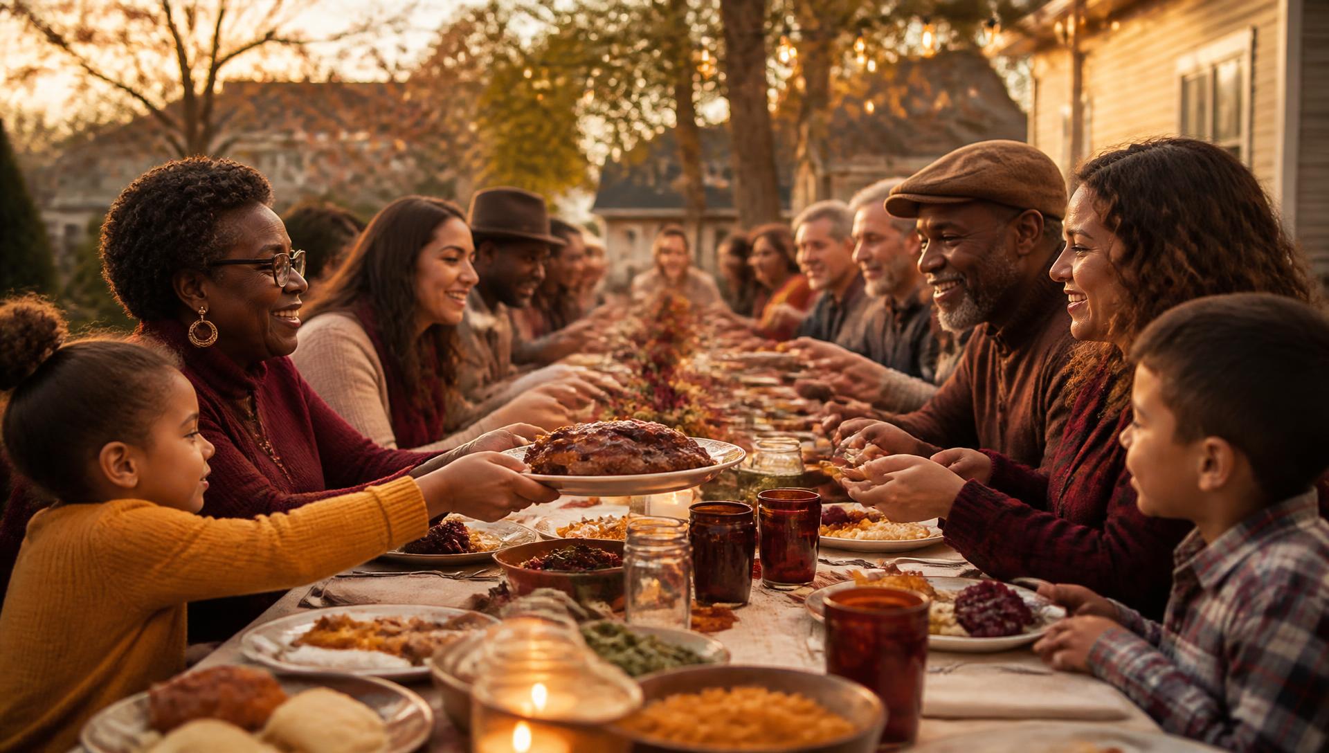 Neighbors sharing a meal at a long community table