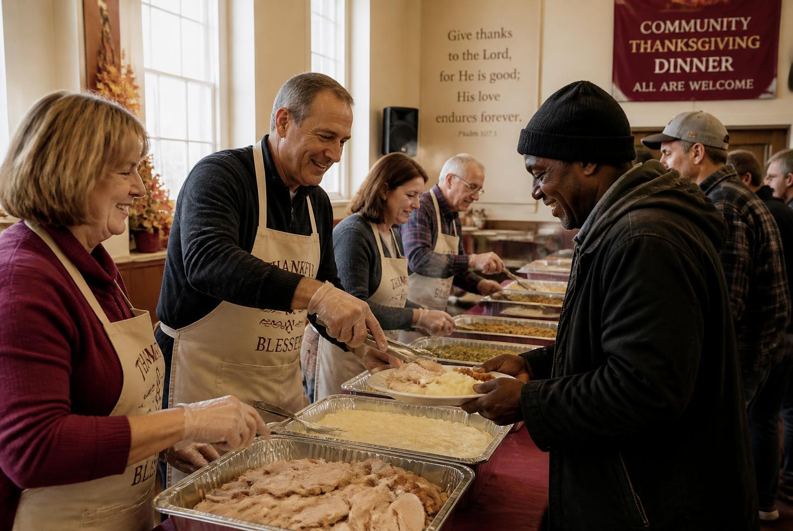 Volunteers in aprons serving plates at a community Thanksgiving dinner